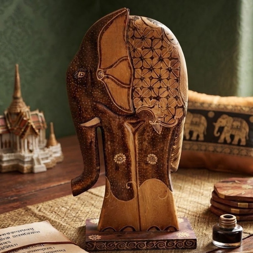 Hand Carved Wooden Elephant Statue Batik Etched Floral Design Brown 12.5"